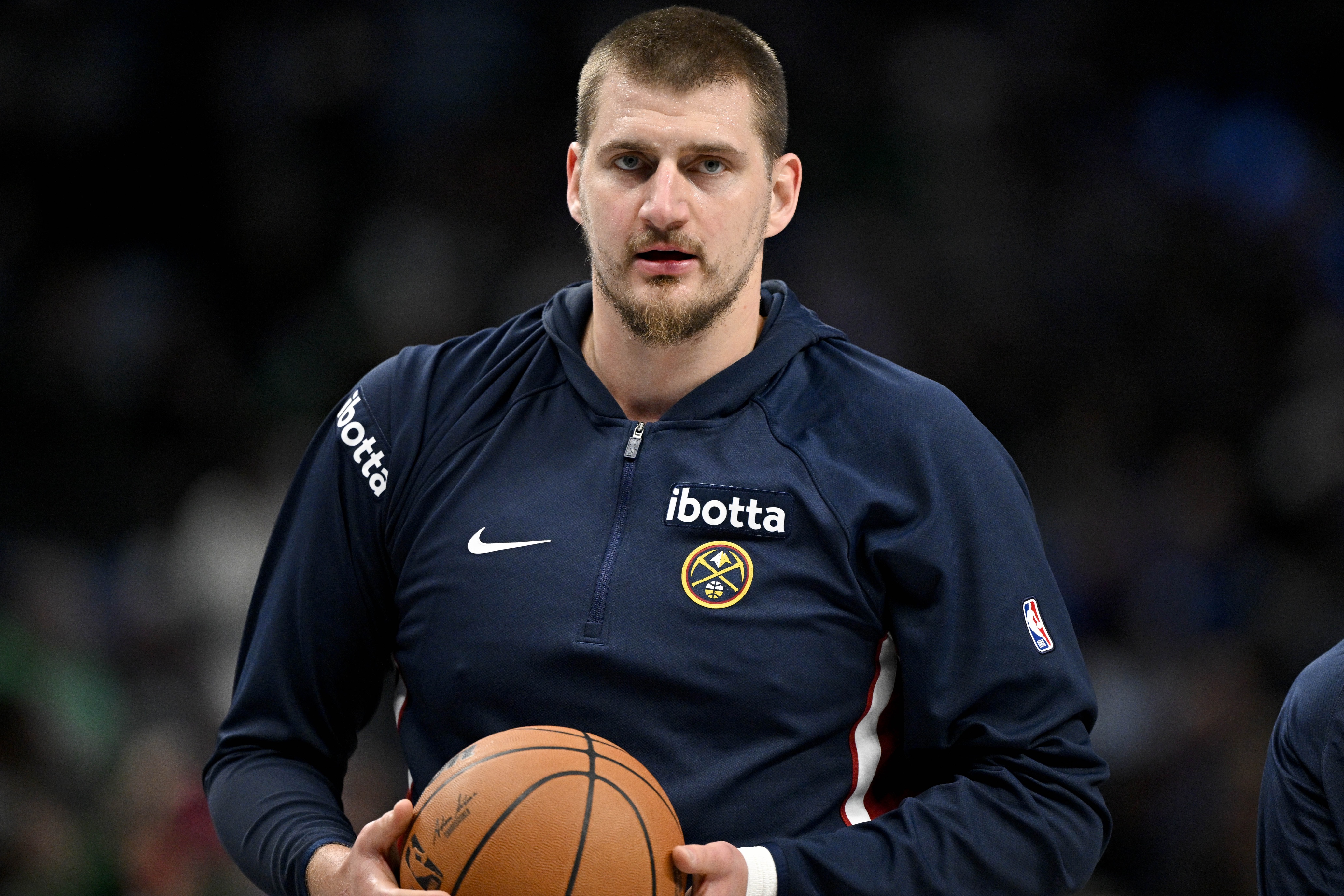 Denver Nuggets center Nikola Jokic (15) looks on as he is featured in our Timberwolves vs. Nuggets same-game parlay.