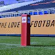 An XFL logo end zone marker before the game between the Los Angeles Wildcats and Tampa Bay Vipers at Dignity Health Sports Park on March 8, 2020 in Carson, California. Photo by John McCoy/Getty Images via AFP.