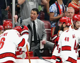 Head coach Rod Brind'Amour of the Carolina Hurricanes handles the bench during the game against the Florida Panthers as we predict the 2024 Stanley Cup winner, Conn Smythe Trophy winner, and more. 