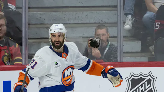 New York Islanders center Kyle Palmieri celebrates a goal as we make our Islanders vs. Hurricanes player props.