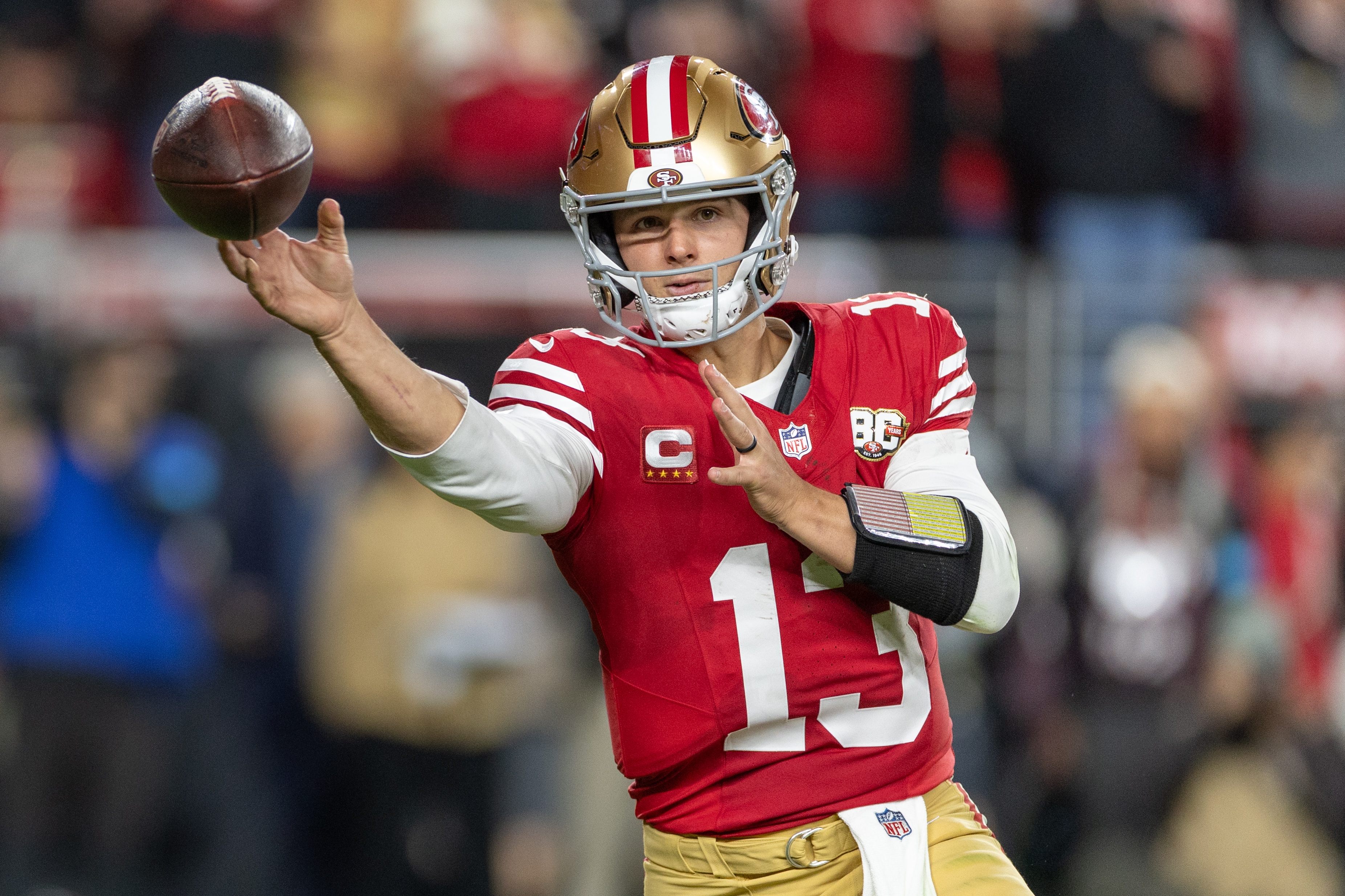 San Francisco 49ers quarterback Brock Purdy (13) throws the football as we provide our 49ers vs. Falcons prediction.