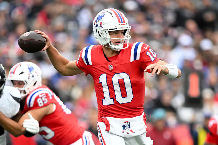 New England Patriots quarterback Drake Maye looks to throw as we look at our Patriots vs. Jaguars parlay