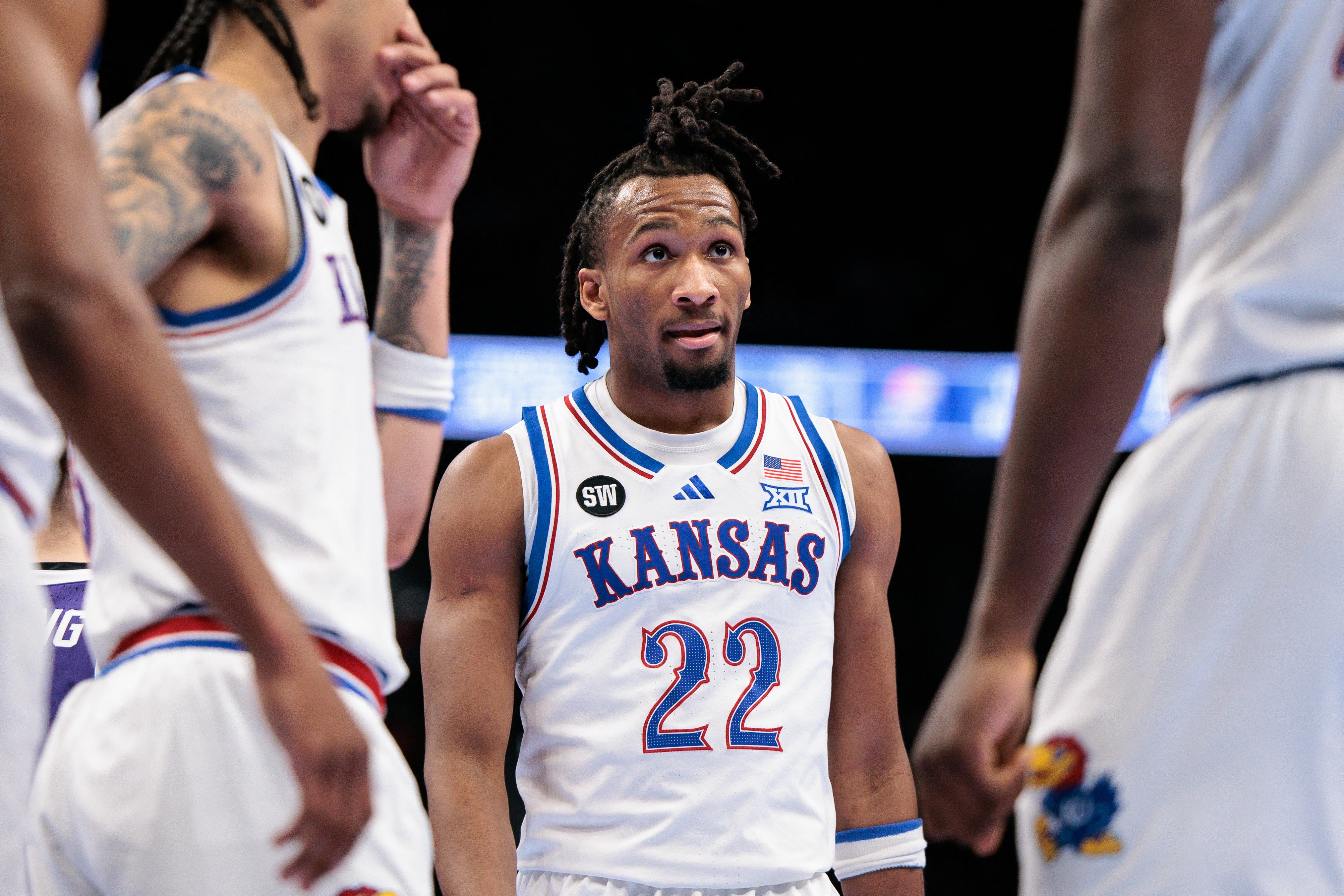 Kansas Jayhawks guard Darryn Peterson (22) during a break in play as we break down our Cal Baptist vs. Kansas prediction.