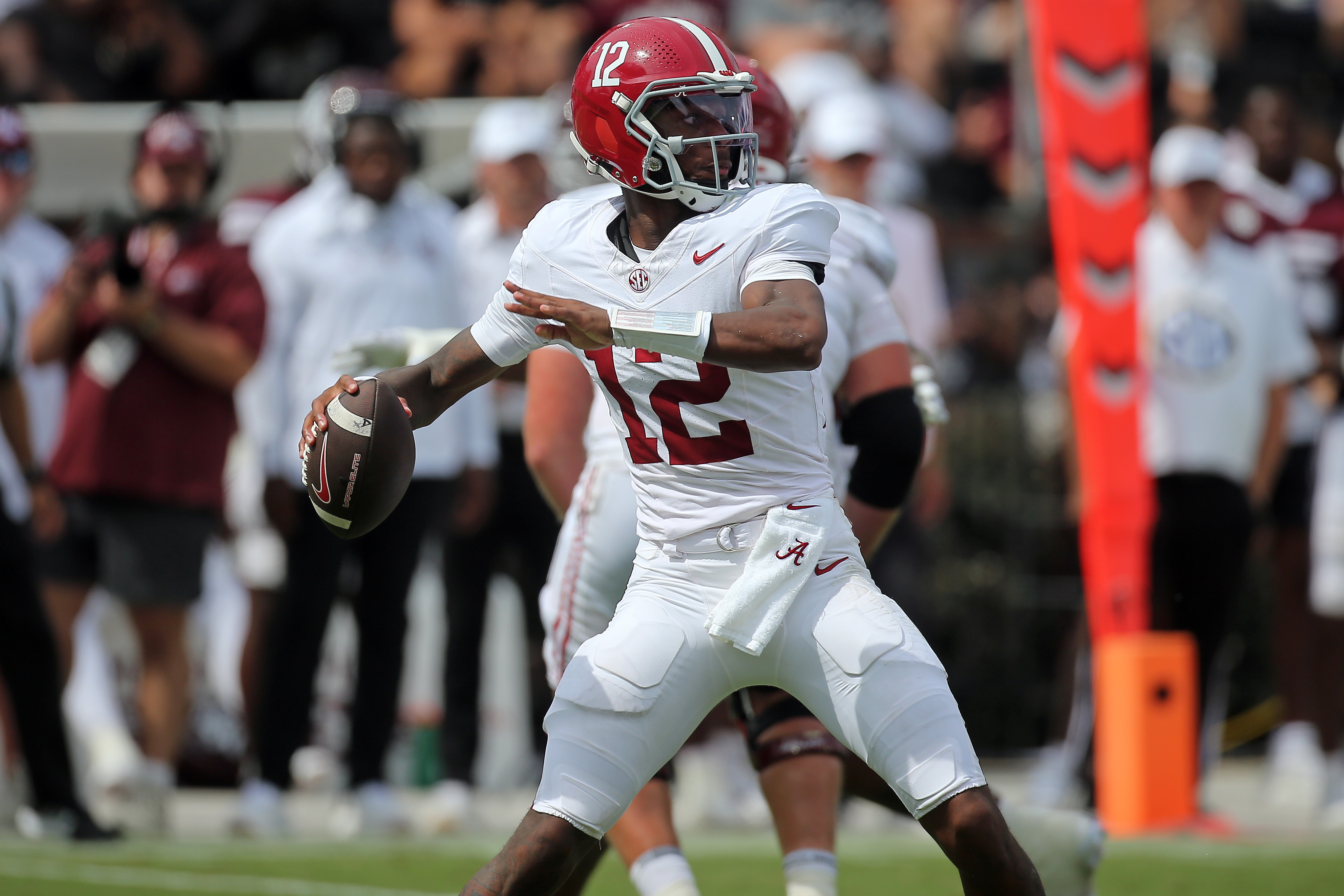 Pictured: Crimson Tide quarterback Keelon Russell in action as we break down our Georgia vs. Alabama Prediction. Photo by Petre Thomas-Imagn Images.