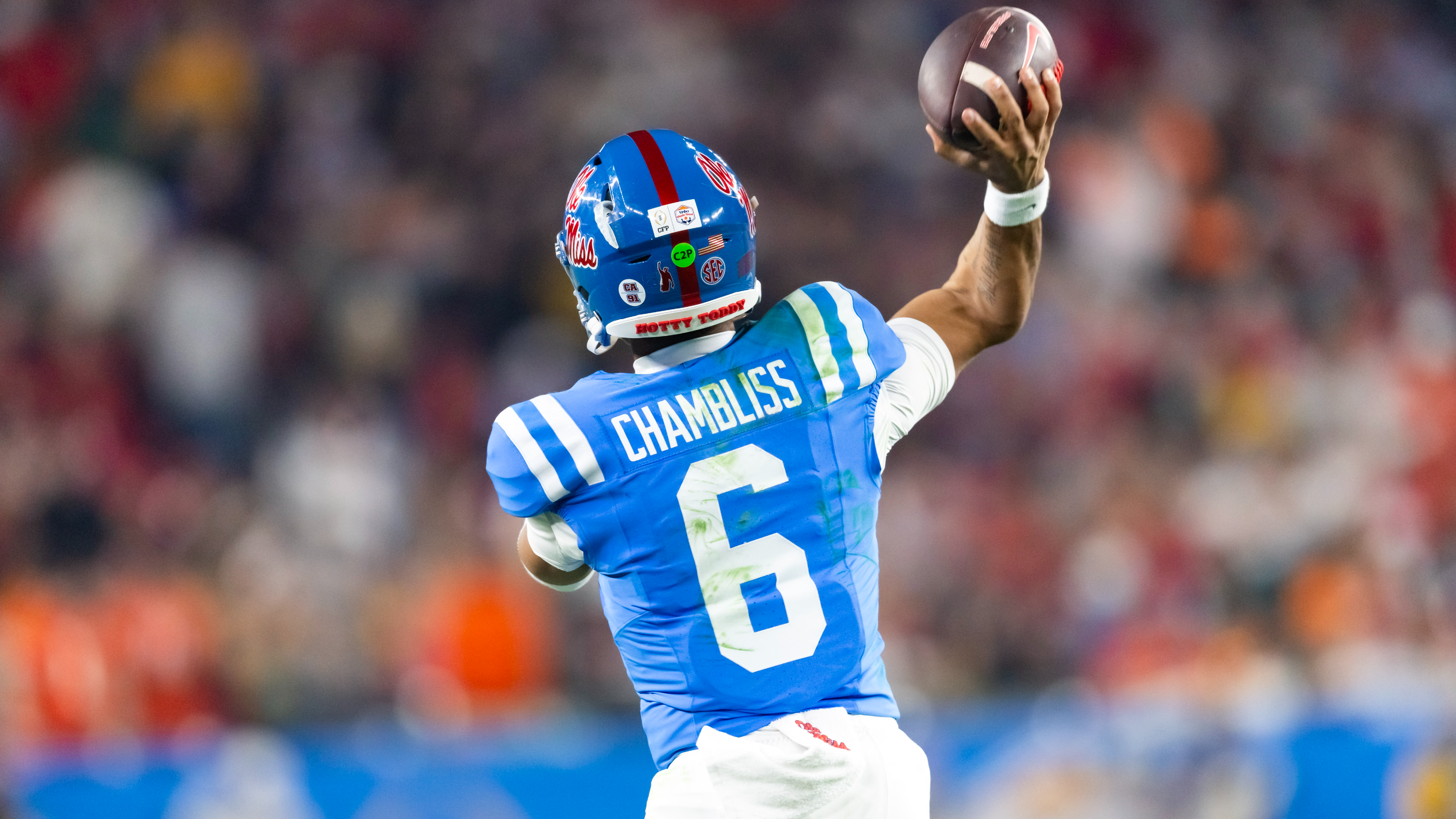 Mississippi Rebels quarterback Trinidad Chambliss (6) throws as we break down our college football playoff odds.