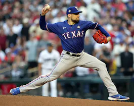 Nathan Eovaldi of the Texas Rangers pitches in the first inning against the Arizona Diamondbacks during Game 5 of the World Series, and we offer our top Cubs vs. Rangers player props based on the best MLB odds.