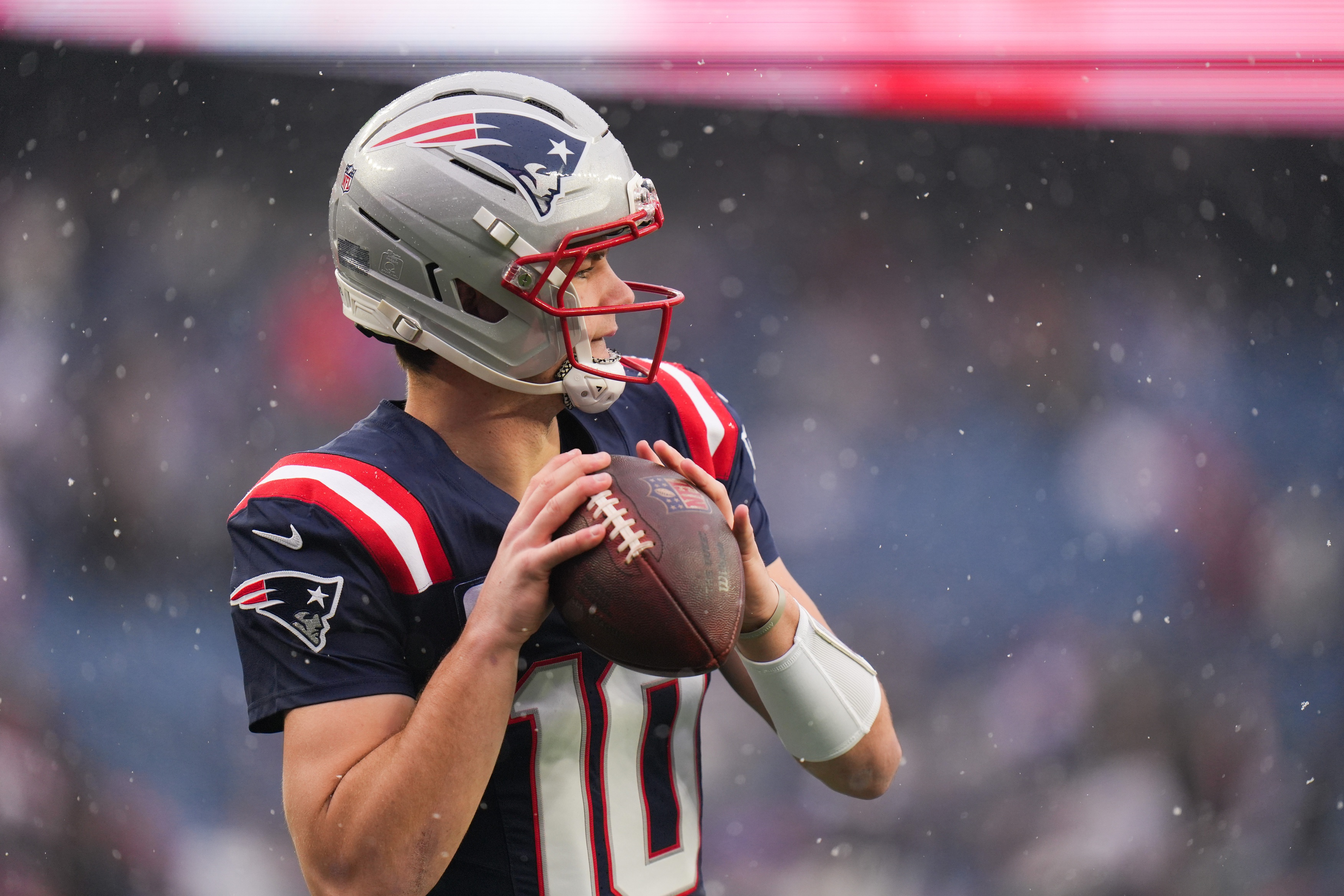 New England Patriots quarterback Drake Maye - who's featured in my Conference Championships player props - warms up.