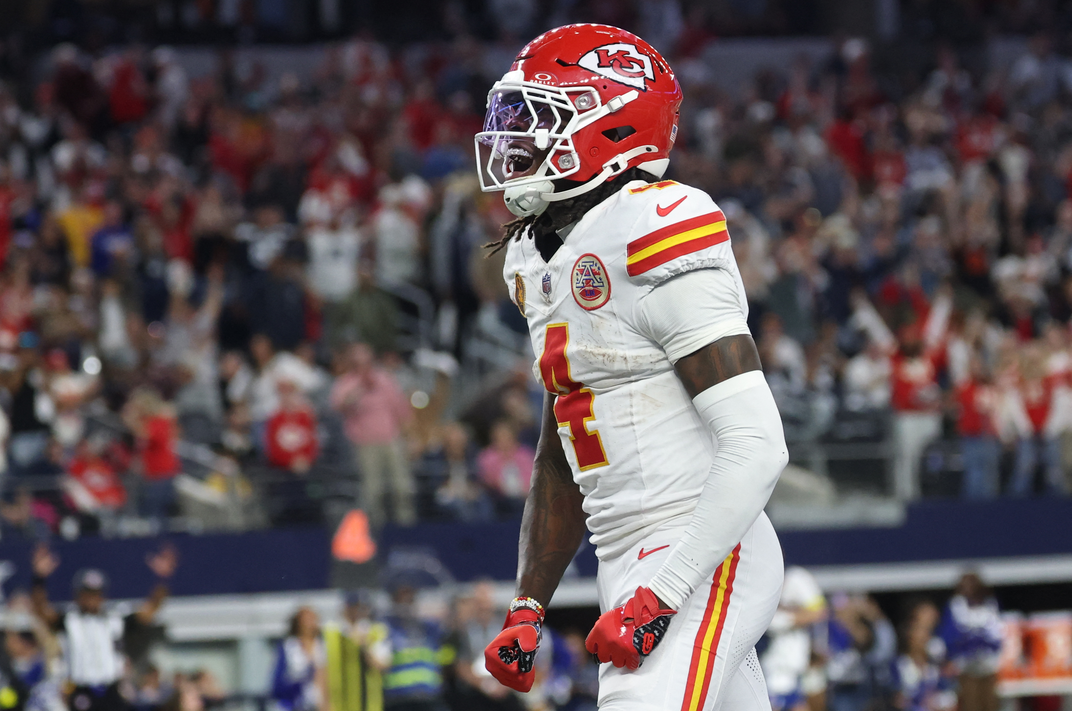 Kansas City Chiefs wide receiver Rashee Rice (4) celebrates after a touchdown as he is featured in our Broncos vs. Chiefs touchdown pick.