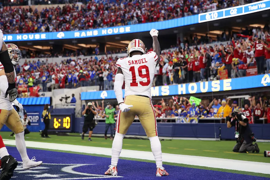 Deebo Samuel of the San Francisco 49ers reacts after scoring a touchdown in the second quarter against the Los Angeles Rams.