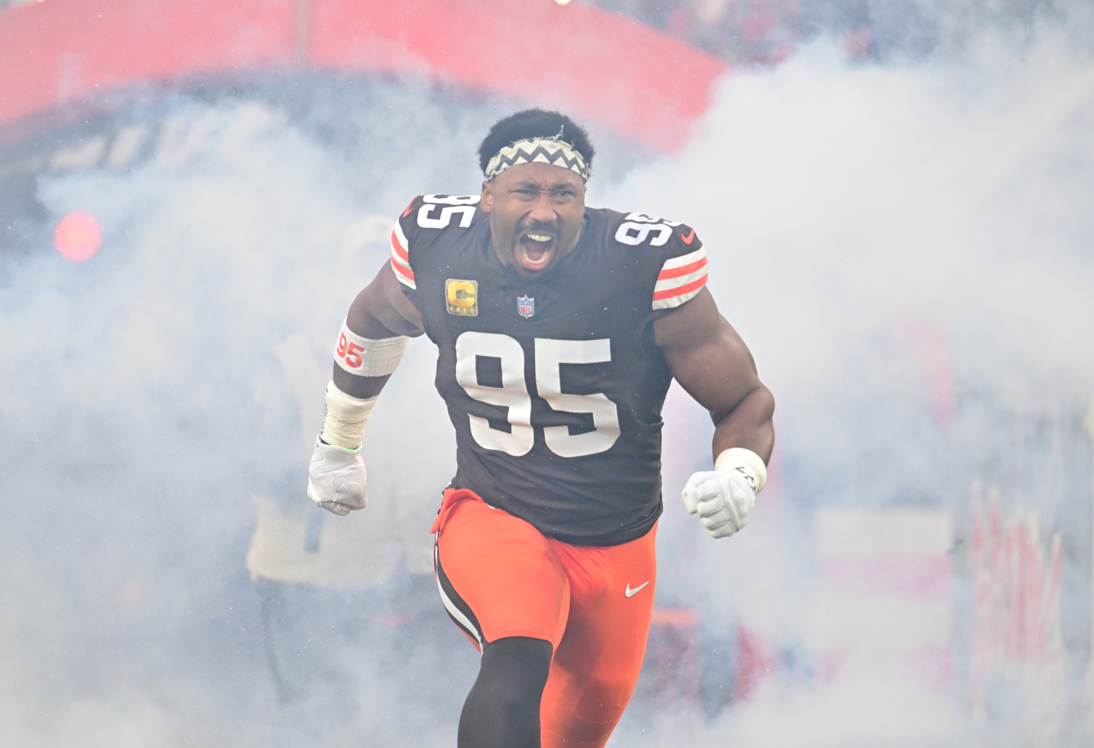 Cleveland Browns defensive end Myles Garrett (95) runs out during player introductions. 