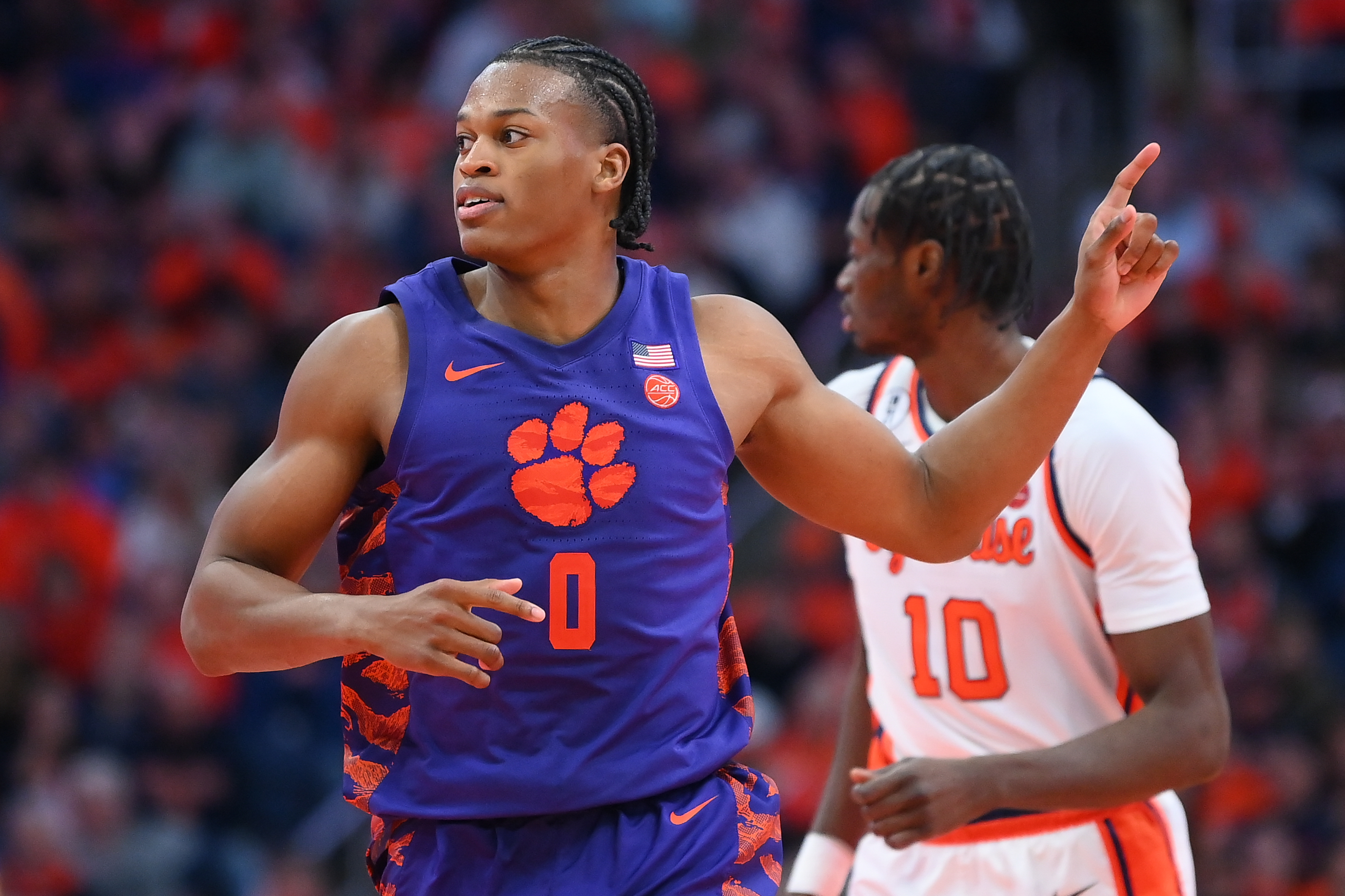 Clemson Tigers forward RJ Godfrey (0) reacts to a play as we dive into our college basketball best bets today.