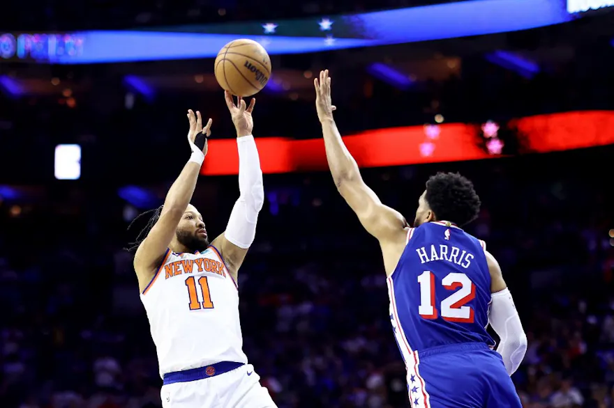 Jalen Brunson of the New York Knicks shoots over Tobias Harris of the Philadelphia 76ers during Game 6 of the Eastern Conference playoffs. We're backing Brunson in our Pacers vs. Knicks Player Props. 