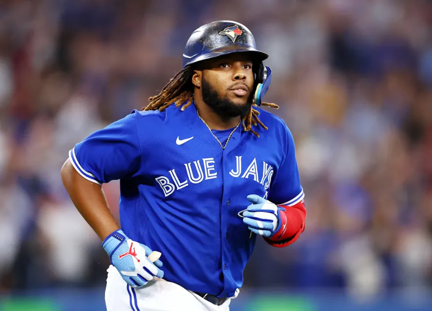 Vladimir Guerrero Jr. of the Toronto Blue Jays runs the bases after hitting a two-run home run in the third inning against the Boston Red Sox.