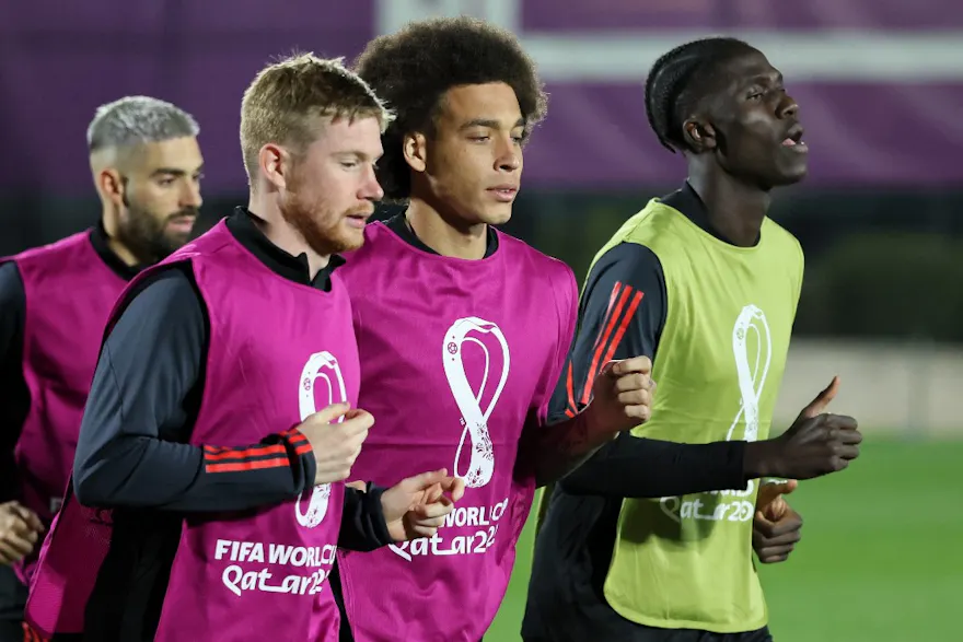 Belgium's midfielders Yannick Carrasco (back), Kevin De Bruyne, Axel Witsel and Amadou Onana take part in a training session at the Salwa Training Site in Salwa Beach, southwest of Doha, on November 22, 2022, on the eve of the Qatar 2022 World Cup.