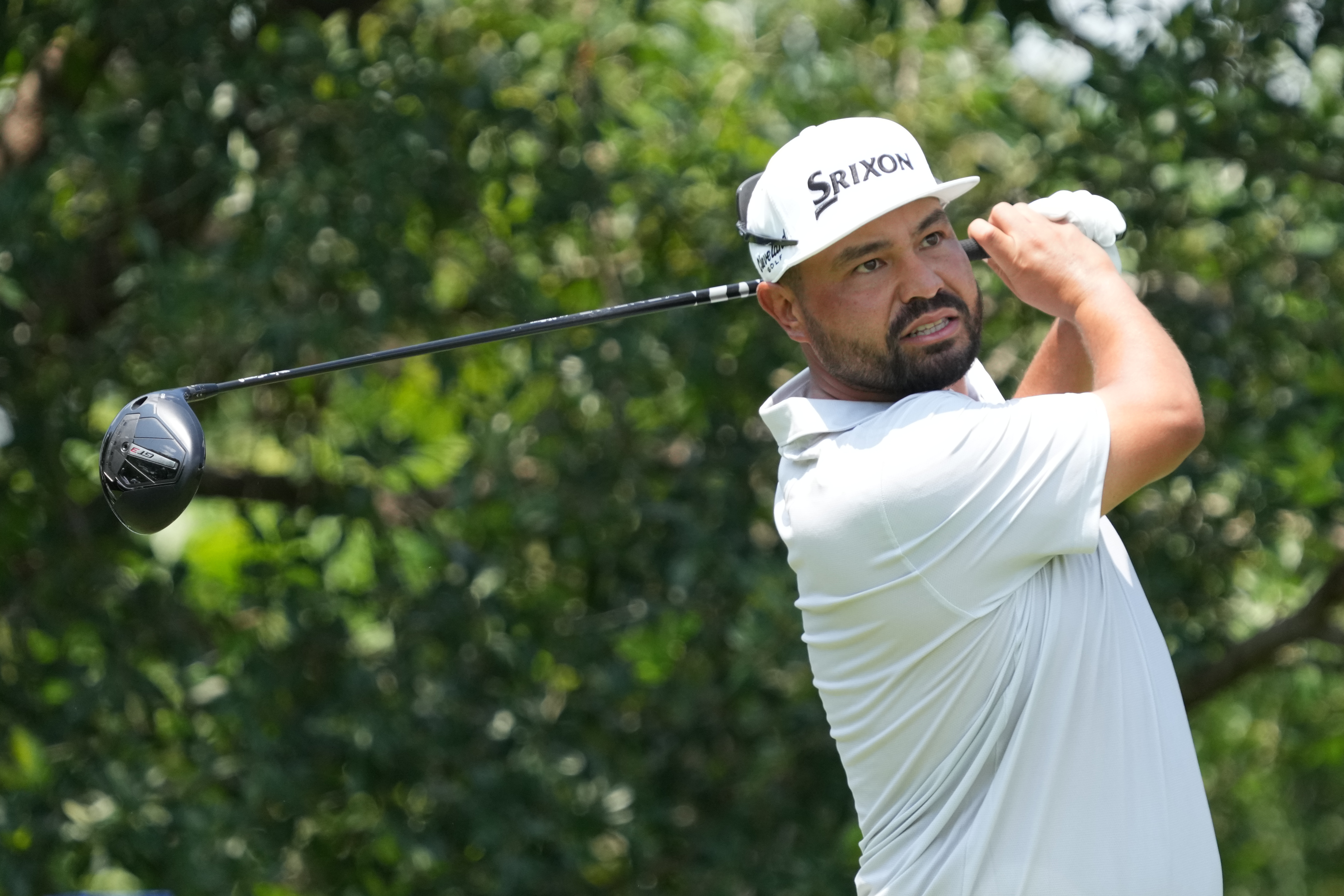 J.J. Spaun plays his shot from the third tee during the second round of the Charles Schwab Challenge golf tournament. 