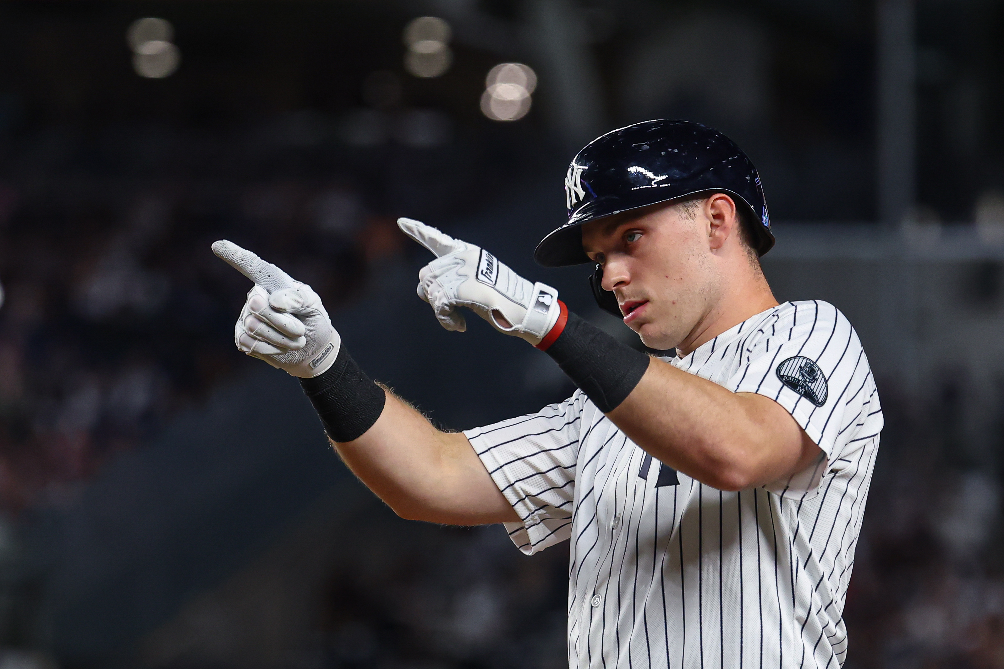 New York Yankees first baseman Ben Rice (22) reacts as we break down our Astros vs. Yankees win probability.