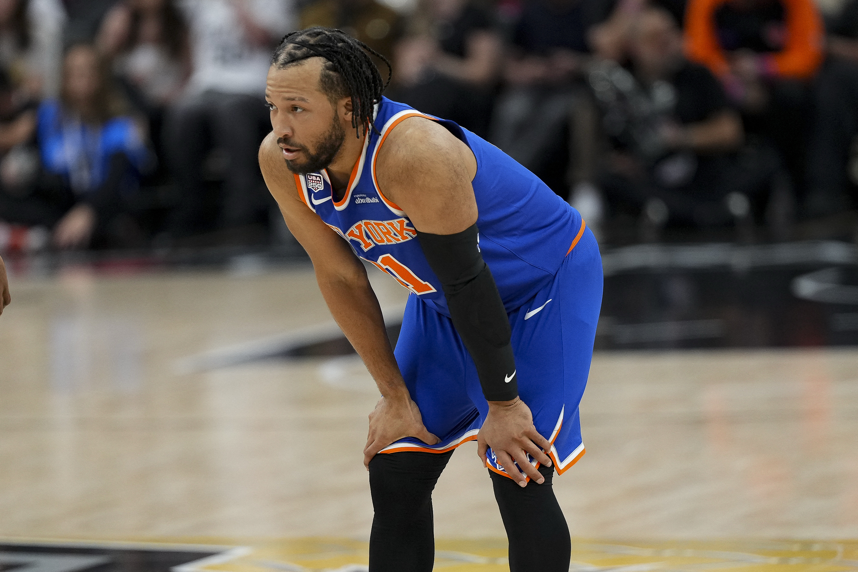 New York Knicks guard Jalen Brunson (11) looks on as we break down our best Jalen Brunson player props for Game 3 today.