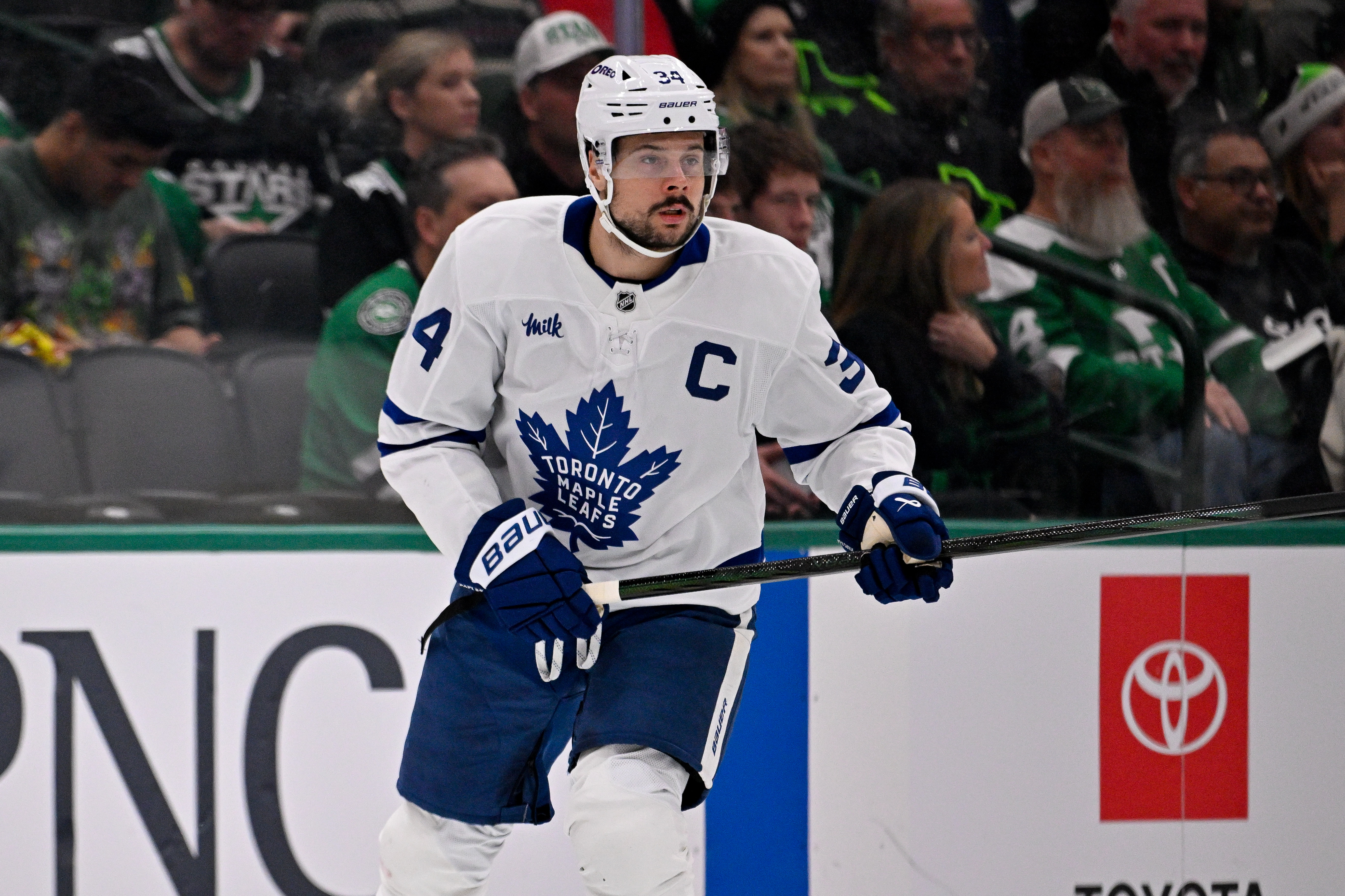 Toronto Maple Leafs center Auston Matthews (34) skates as we offer our Panthers vs. Maple Leafs player props.