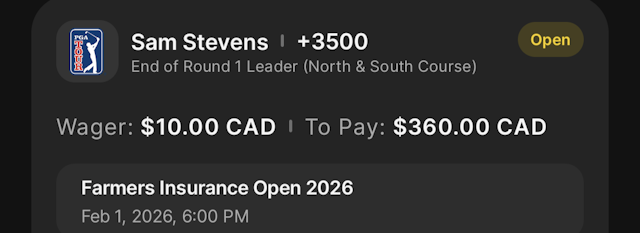 A screenshot of a bet slip for Sam Stevens to be the first-round leader of the Farmers Insurance Open.