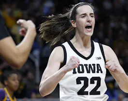 Caitlin Clark #22 of the Iowa Hawkeyes reacts as we offer our best Caitlin Clark player props for UConn vs. Iowa in the women's Final Four on Friday.