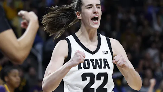 Caitlin Clark #22 of the Iowa Hawkeyes reacts as we offer our best Caitlin Clark player props for UConn vs. Iowa in the women's Final Four on Friday.
