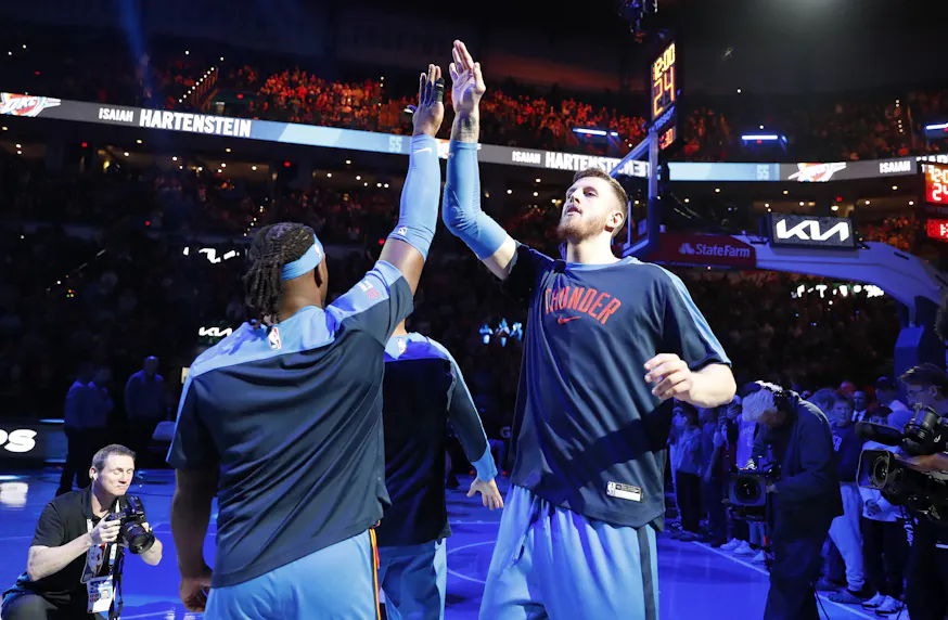 Oklahoma City Thunder center Isaiah Hartenstein during introductions as we make our best Thunder vs. Cavaliers NBA player prop picks.
