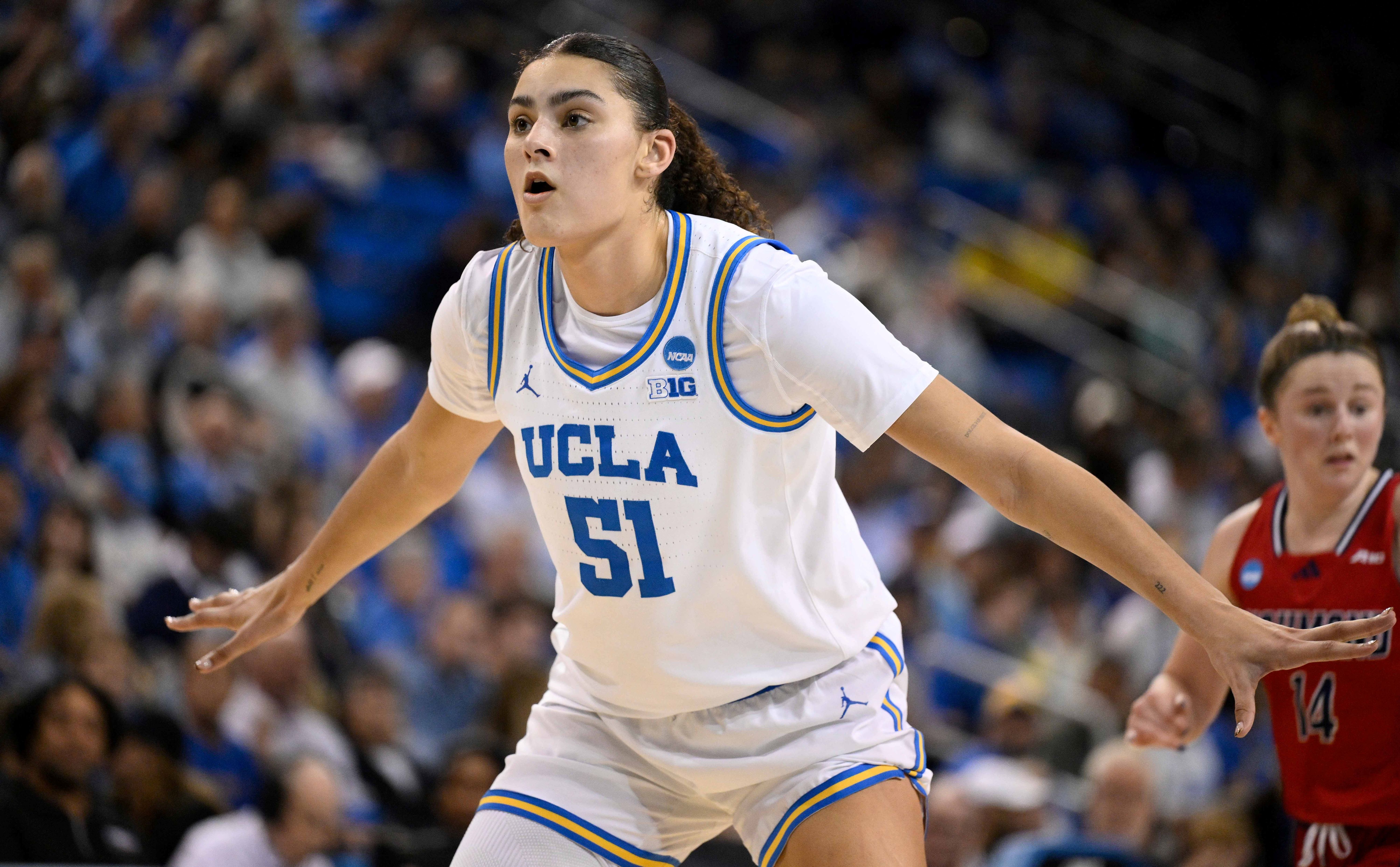 UCLA Bruins center Lauren Betts in action during the NCAA Tournament, and she's key as we look at our Duke vs. UCLA prediction