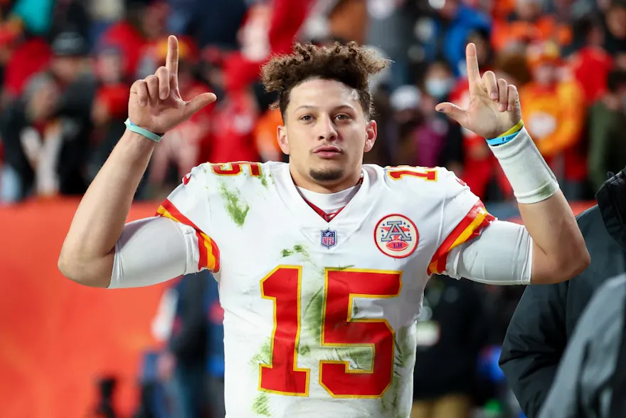 Patrick Mahomes of the Kansas City Chiefs leaves the field after defeating the Denver Broncos 28-24 at Empower Field At Mile High on January 08, 2022 in Denver, Colorado.