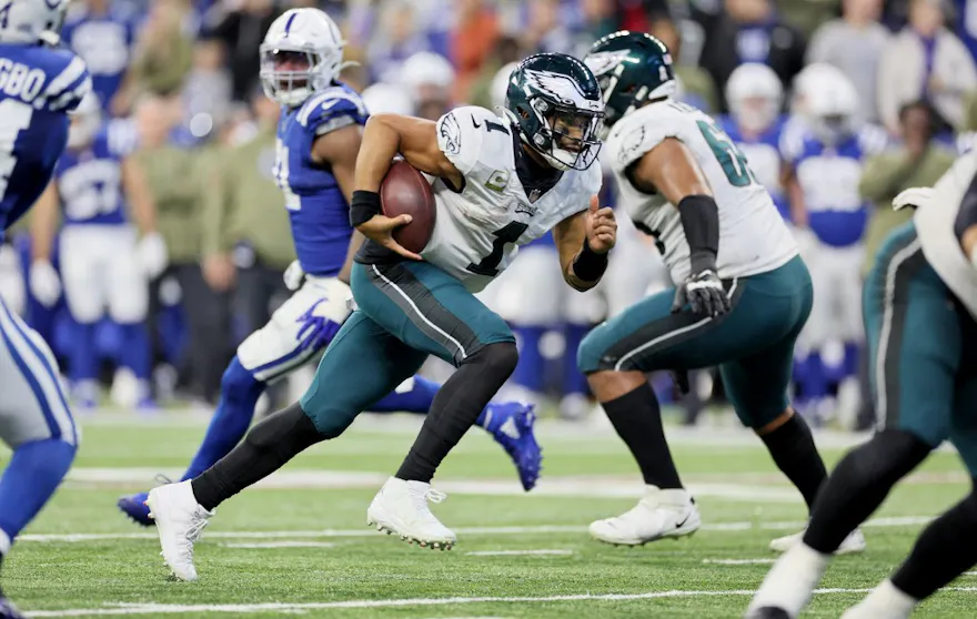Jalen Hurts of the Philadelphia Eagles against the Indianapolis Colts at Lucas Oil Stadium on November 20, 2022 in Indianapolis, Indiana.