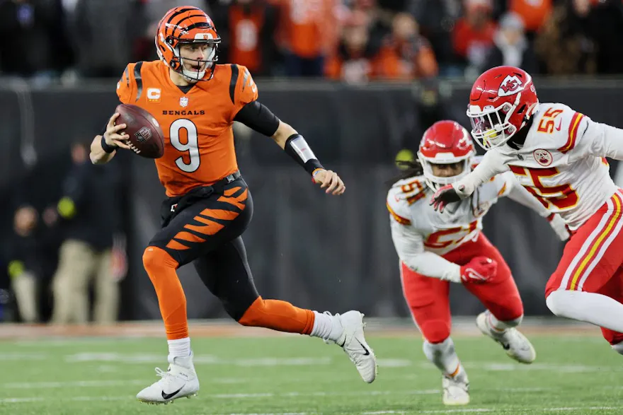 Joe Burrow of the Cincinnati Bengals scrambles against the Kansas City Chiefs at Paycor Stadium on Dec. 4, 2022 in Cincinnati, Ohio.