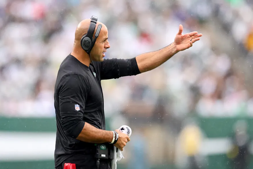 Head coach Robert Saleh of the New York Jets reacts during the game against the Baltimore Ravens at MetLife Stadium on September 11, 2022.
