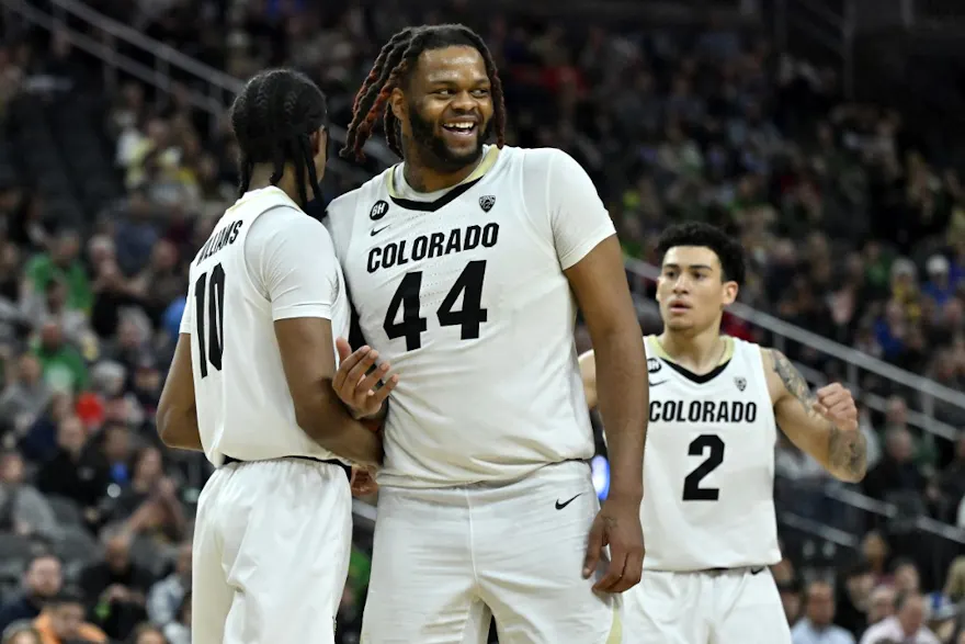 Cody Williams #10, Eddie Lampkin Jr. #44 and KJ Simpson #2 of the Colorado Buffaloes react as we look at our best Colorado vs. Boise State prediction