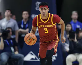 Tamin Lipsey of the Iowa State Cyclones brings the ball up court during the first half against the Brigham Young Cougars. We're backing Lipsey in our March Madness player props & best bets.