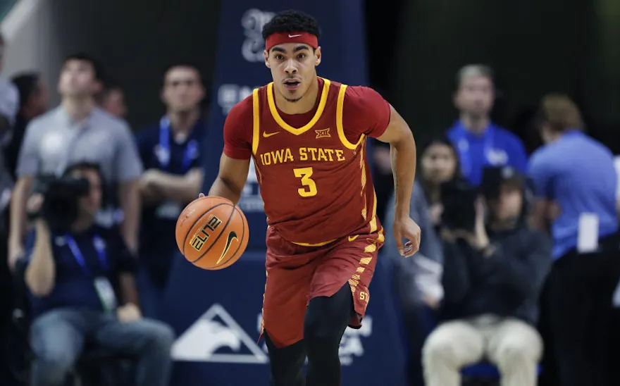 Tamin Lipsey of the Iowa State Cyclones brings the ball up court during the first half against the Brigham Young Cougars. We're backing Lipsey in our March Madness player props & best bets.