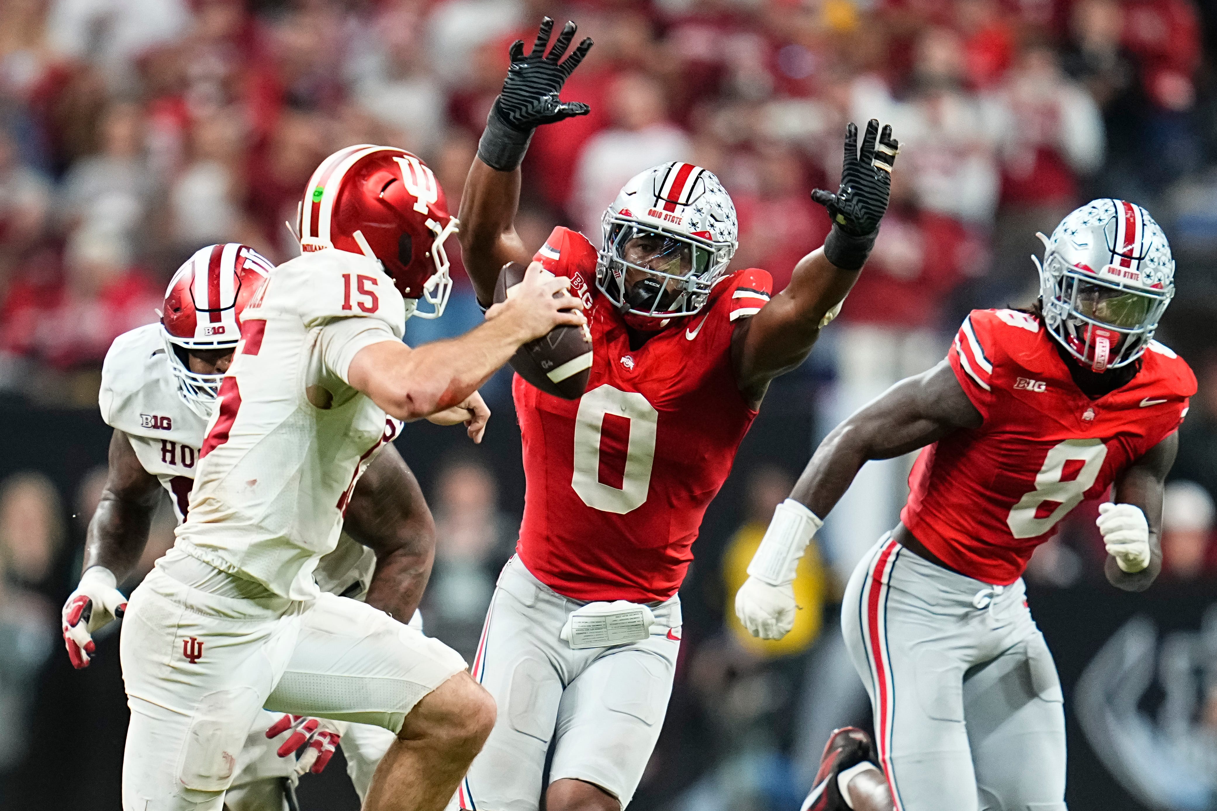 Ohio State's Sonny Styles (0) and Arvell Reese (8), and Indiana's Fernando Mendoza (15) are featured in my 2026 NFL mock draft 2.0.