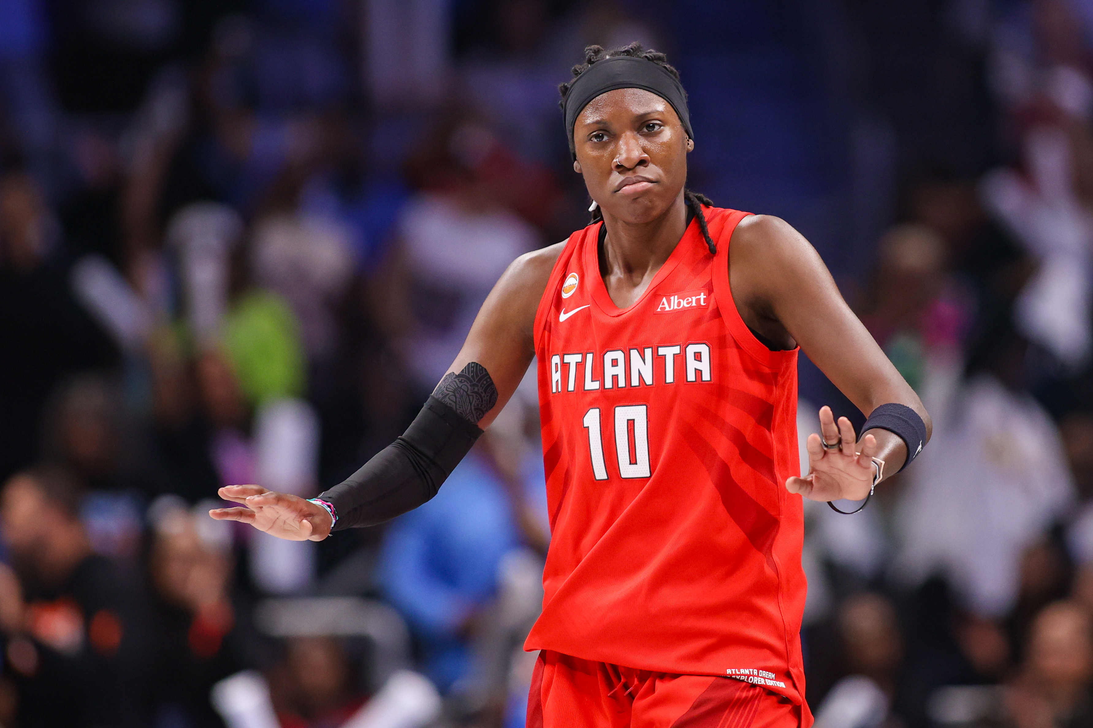 Atlanta Dream guard Rhyne Howard (10) reacts as we break down our Dream vs. Valkyries prediction.