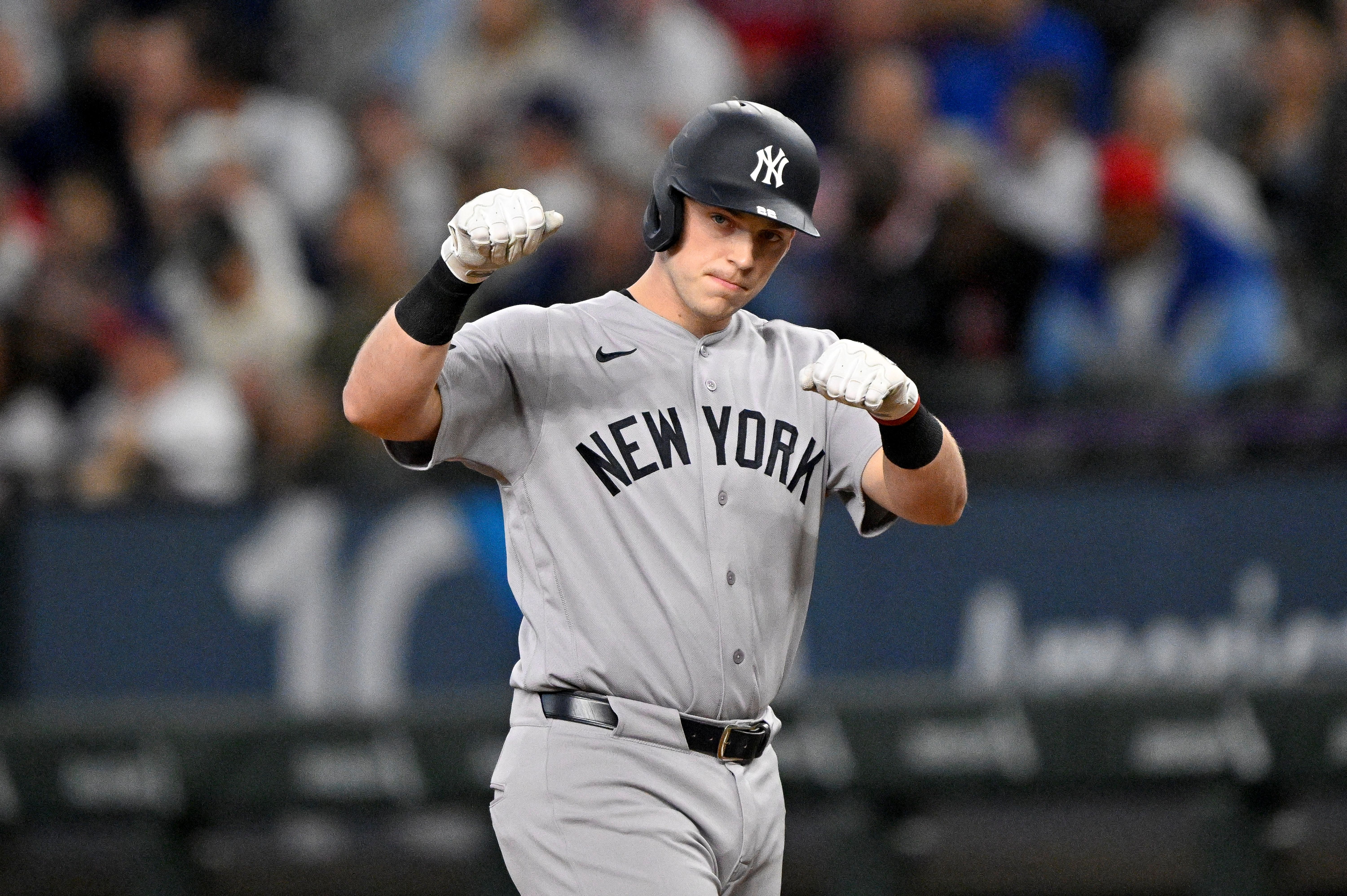 New York Yankees first baseman Ben Rice celebrates, and he's featured in my home run predictions today.