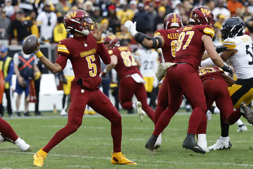 Washington Commanders quarterback Jayden Daniels passes the ball against the Pittsburgh Steelers. We're backing Washington in our Commanders vs. Eagles early picks.
