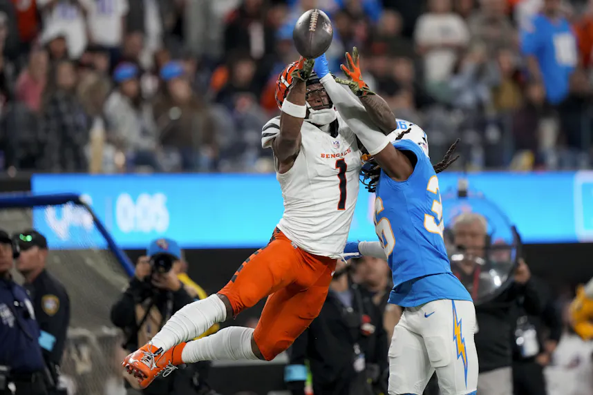 Cincinnati Bengals wide receiver Ja'Marr Chase (1) tries to catch a deep pass as we look at our best Bengals vs. Cowboys MNF player prop bets.