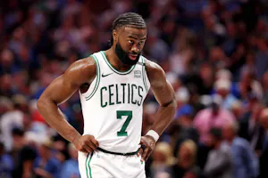 Boston Celtics guard Jaylen Brown reacts during the fourth quarter as we look at the best 2024 NBA Finals MVP odds