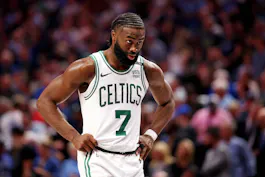 Boston Celtics guard Jaylen Brown reacts during the fourth quarter as we look at the best 2024 NBA Finals MVP odds