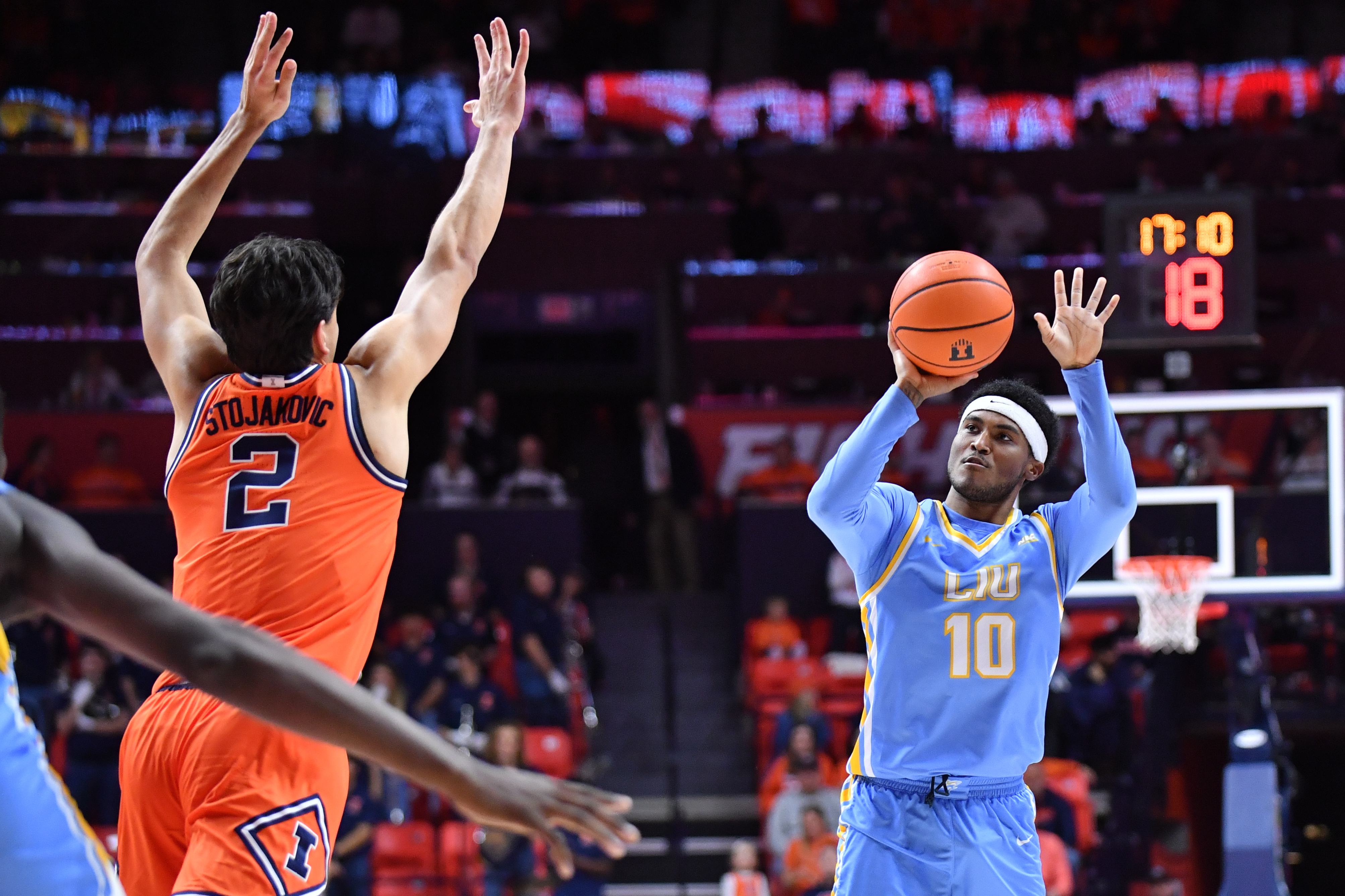 Long Island University Sharks guard A.J. Neal, Jr. shoots as we look at New York highlighting problem gaming during March Madness.