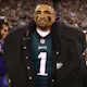 Jalen Hurts of the Philadelphia Eagles looks on after defeating the San Francisco 49ers to win in the NFC Championship Game at Lincoln Financial Field on January 29, 2023 in Philadelphia, Pennsylvania.