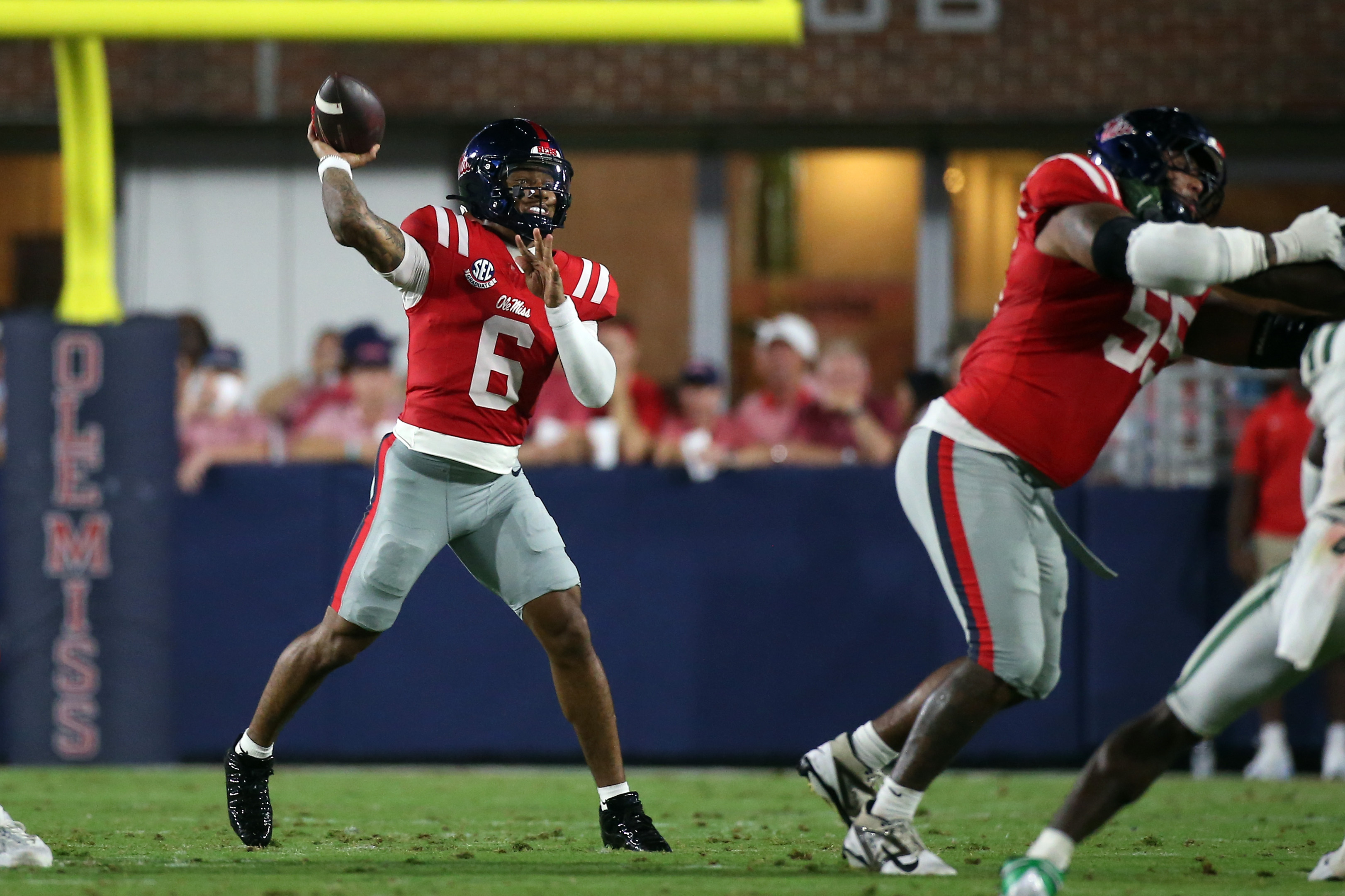 Pictured: Rebels quarterback Trinidad Chambliss as we break down our LSU vs. Ole Miss Prediction. Photo by Petre Thomas-Imagn Images. 