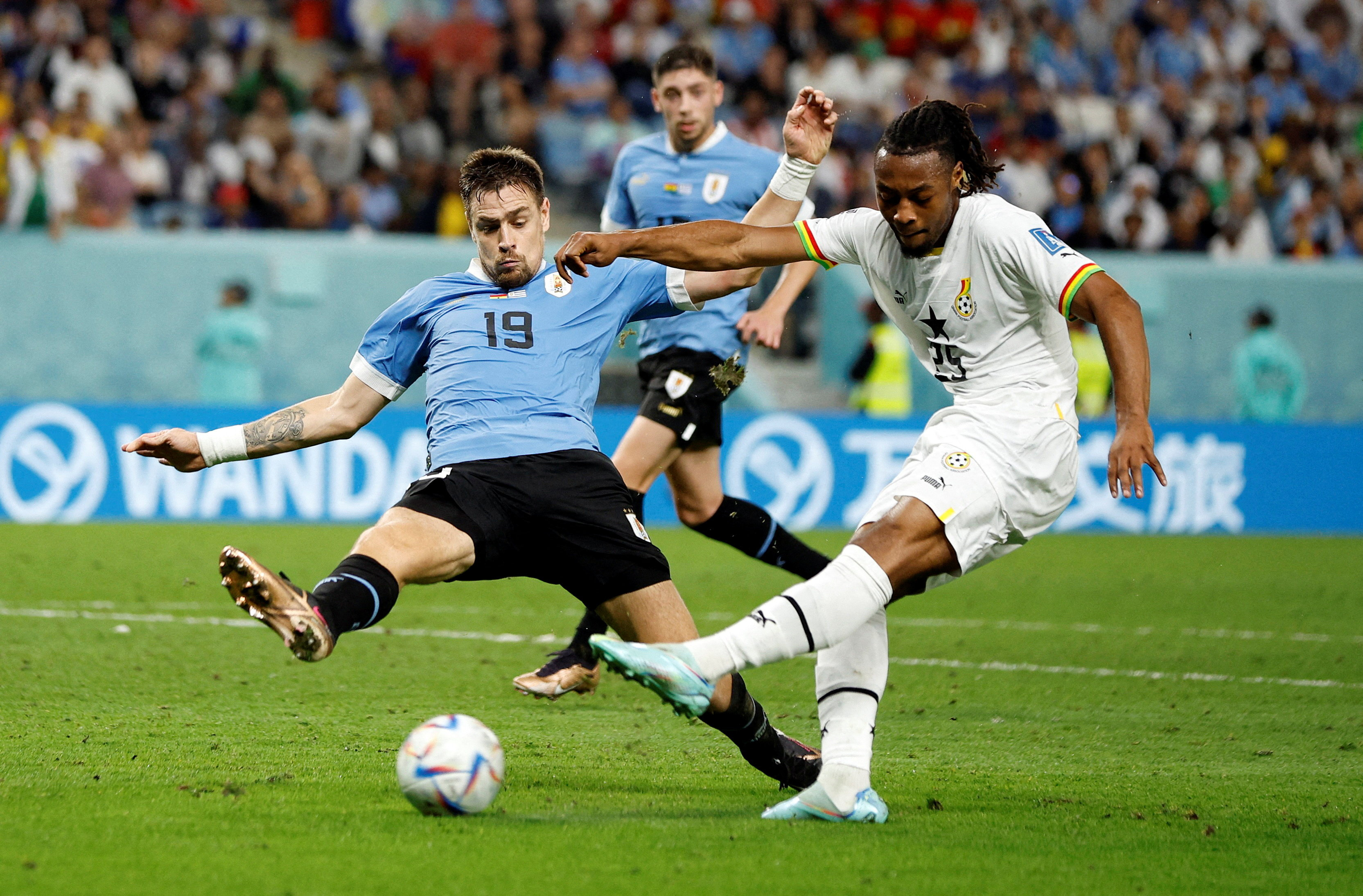 Ghana's Antoine Semenyo shoots at goal.