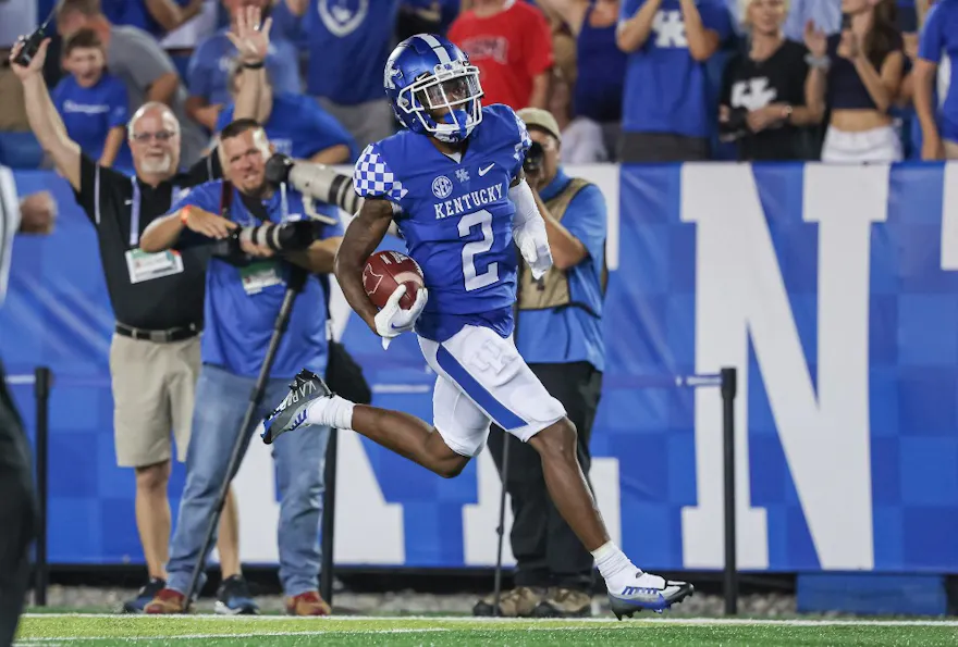 Barion Brown #2 of the Kentucky Wildcats returns a kickoff for a touchdown during the second half against the Miami (OH) Redhawks at Kroger Field on Sept. 3.