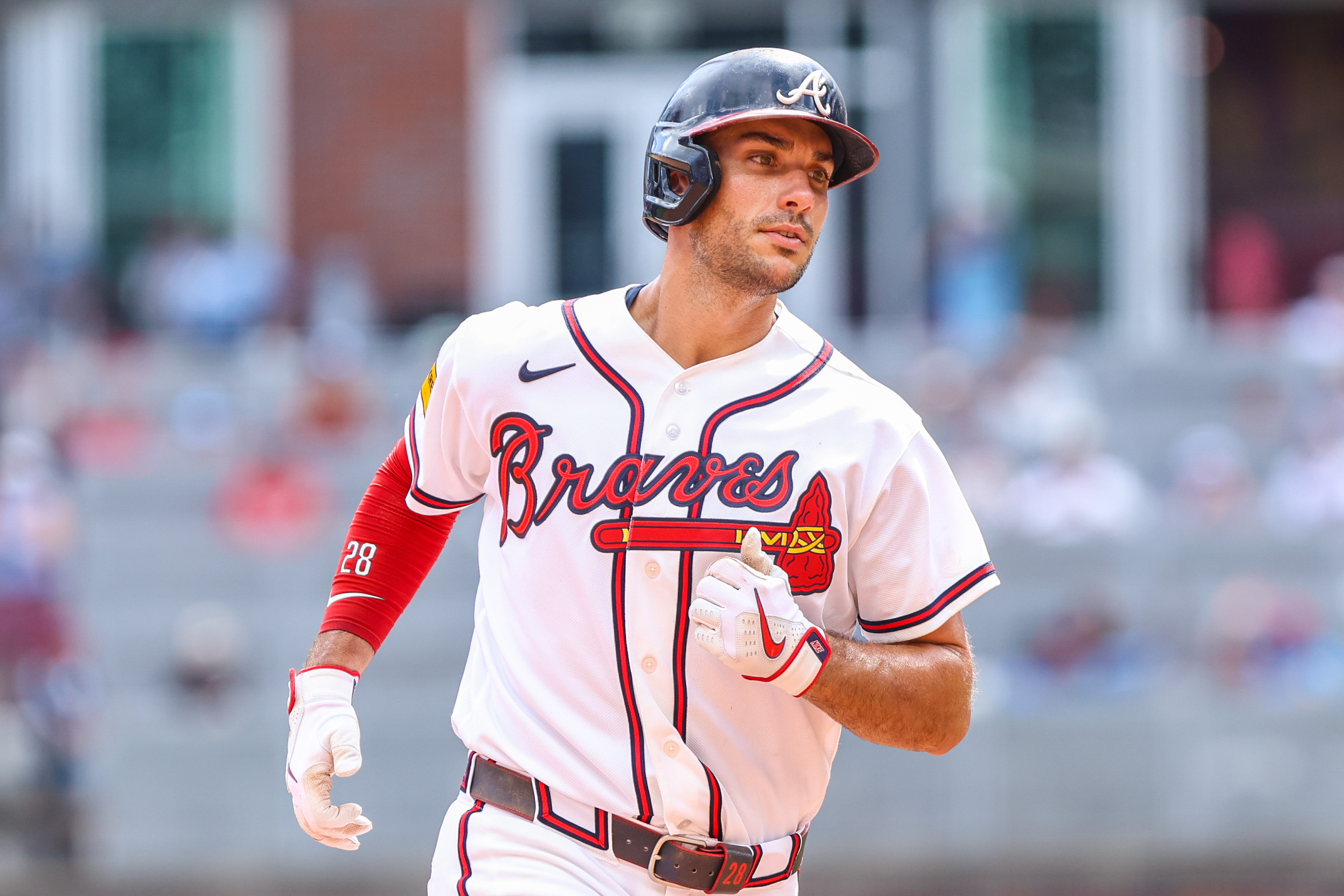 Atlanta Braves first baseman Matt Olson (28) runs the bases after hitting a home run as he is featured in our Braves vs. Brewers win probability.
