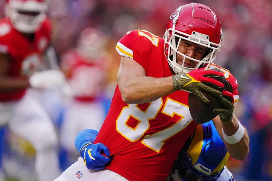 Travis Kelce of the Kansas City Chiefs celebrates a touchdown during the first quarter against the Los Angeles Rams at Arrowhead Stadium.
