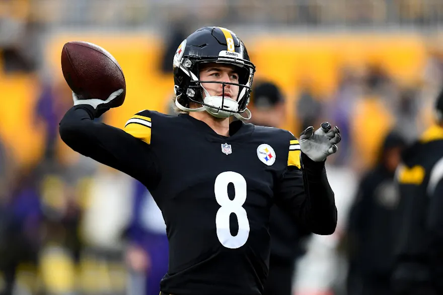 Kenny Pickett of the Pittsburgh Steelers warms up prior to the game against the Baltimore Ravens at Acrisure Stadium.