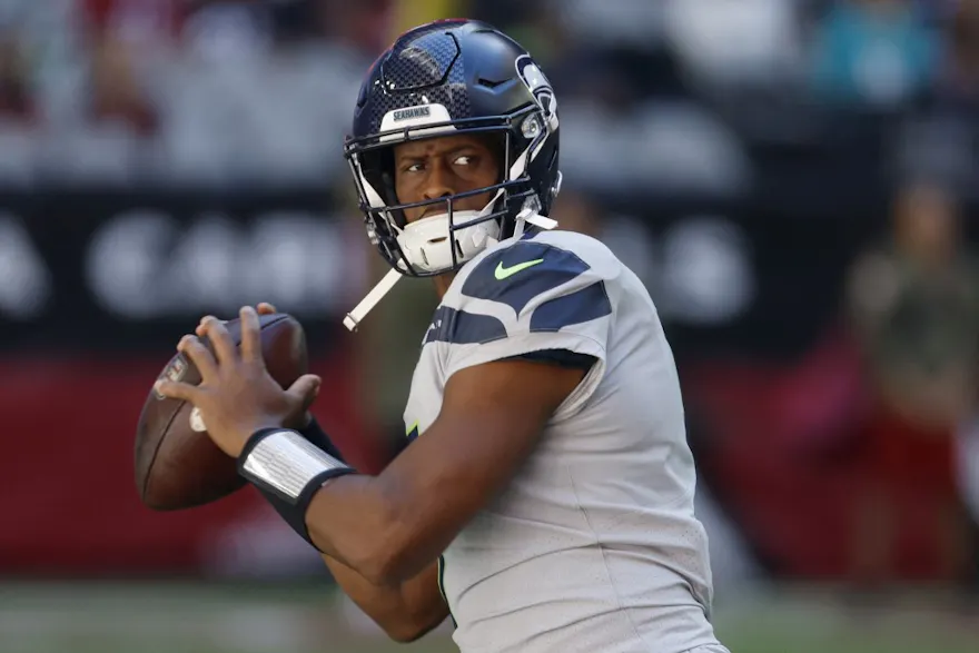 Geno Smith of the Seattle Seahawks warms up prior to the game against the Arizona Cardinals.